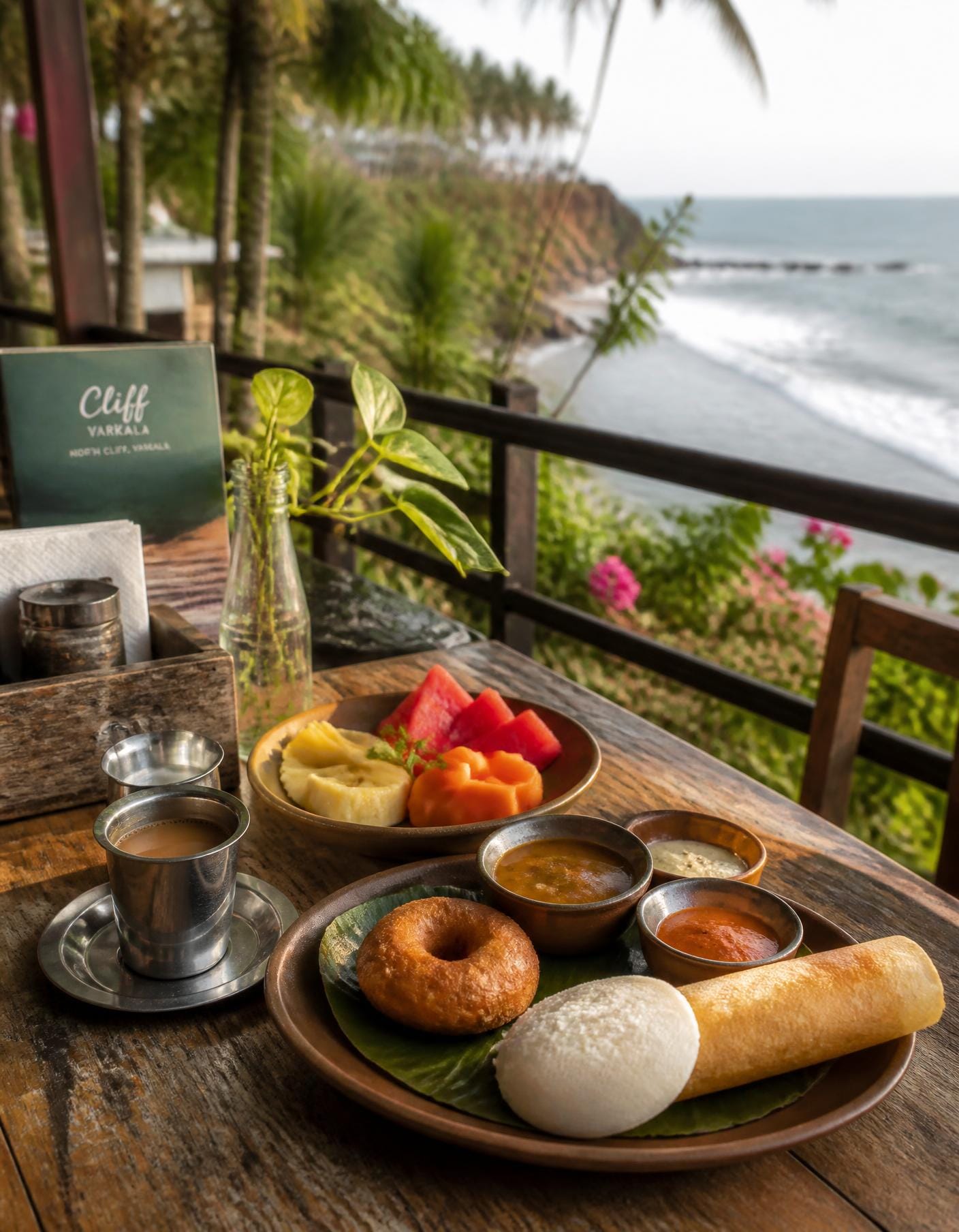 A cliffside café table in Varkala set with South Indian breakfast, filter coffee and fresh fruit above the sea