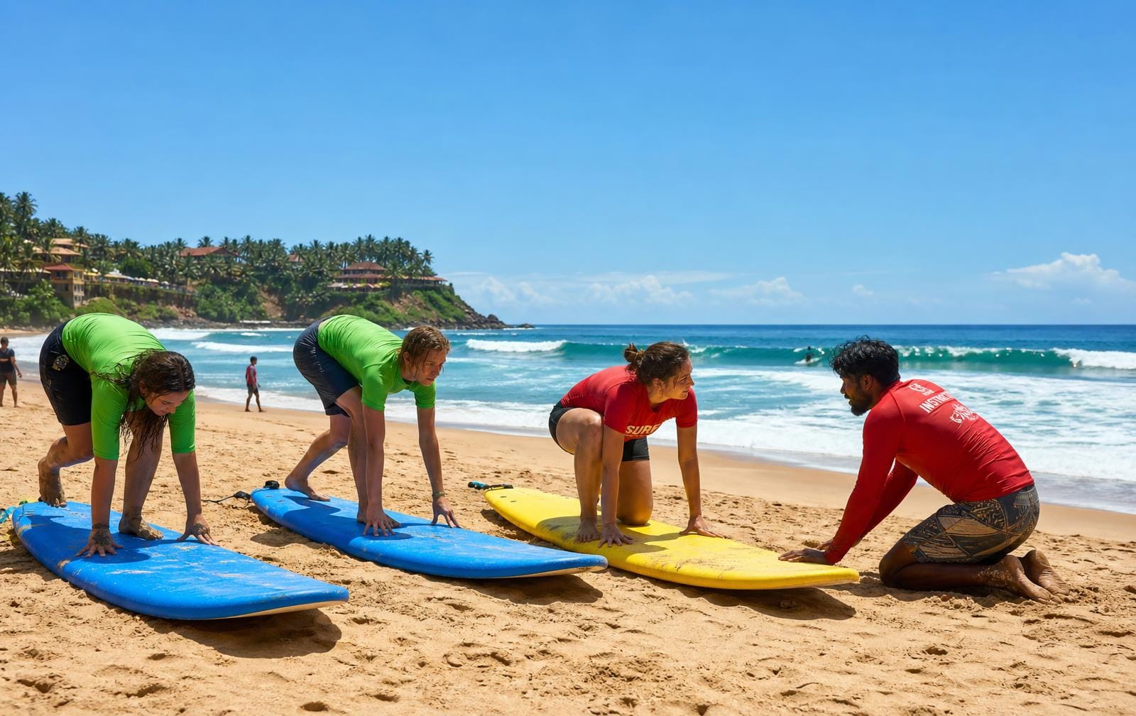 Beginner surf lesson on the sand at Varkala — students practising pop-ups on foam boards with an instructor
