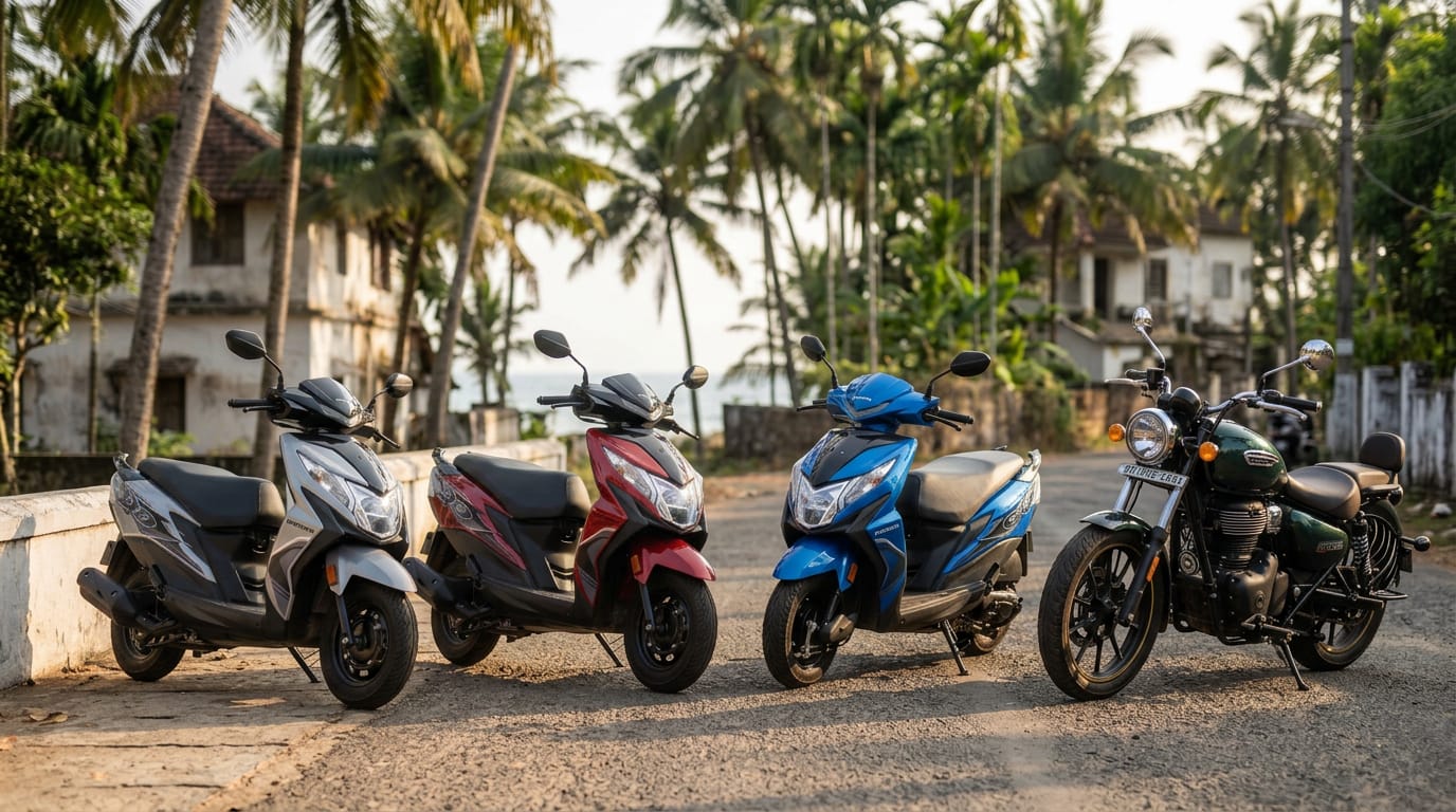 The ZENWAYS rental fleet — Honda Dio scooters and a Royal Enfield Meteor